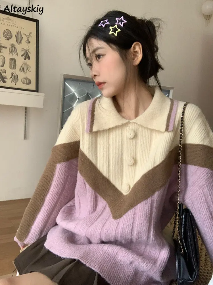 

Pullovers Women Patchwork Sweet Korean Style Button Tender Fashion Casual Autumn Winter All-match Loose Turn-down Collar Daily