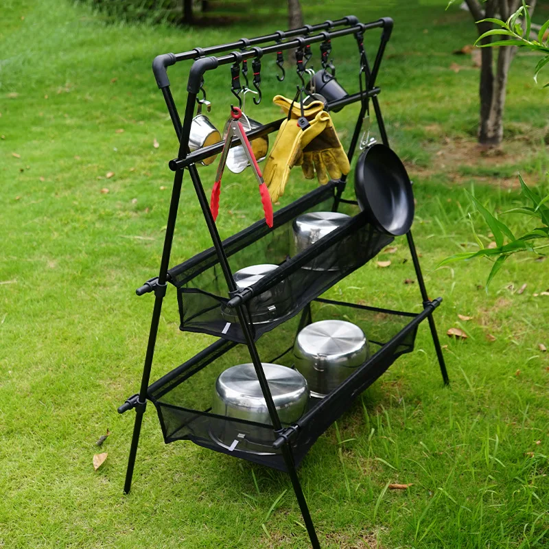 Camping Triangle Shelf Aluminum Alloy Folding Double-Layer Large Capacity with Hook Net Bag Outdoor Glamping Picnic Hanging Rack