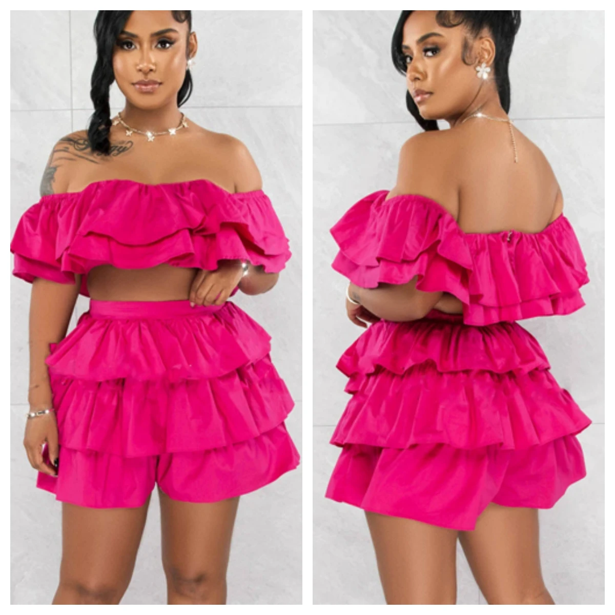 Solid Cascading Ruffles Casual Summer Two Piece Set Women Off Shoulder Short Sleeve Crop Top High Waist Shorts Sexy Sweet Suit