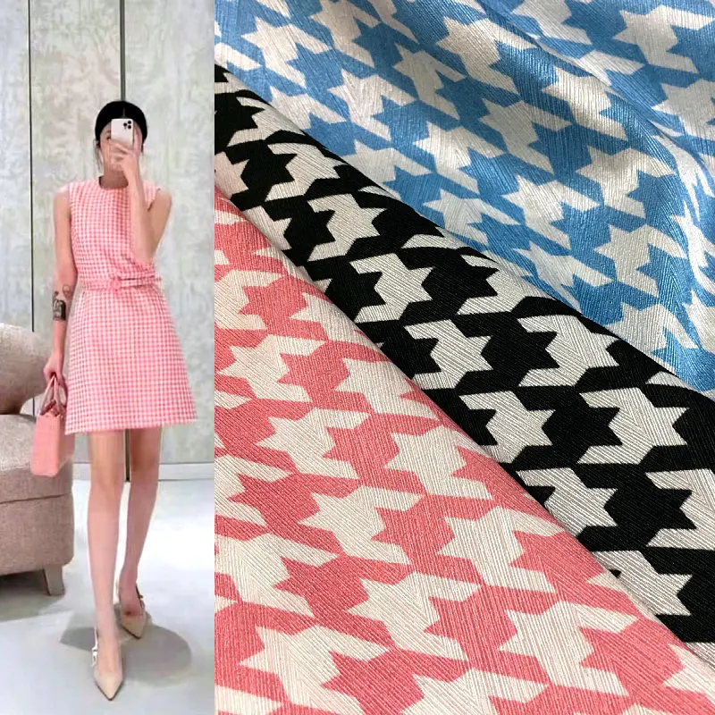 

Brand houndstooth print 22mm herringbone silk stretch satin fabric 95% mulberry silk 5% spandex fabric for dress sewing cloth