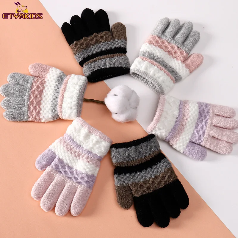 Winter Warm Baby Gloves Cute Striped Split-finger Kindergarten Boys Girls Kids Knitted Gloves for 3-8 Years 1Pairs winter gloves,baby mittens