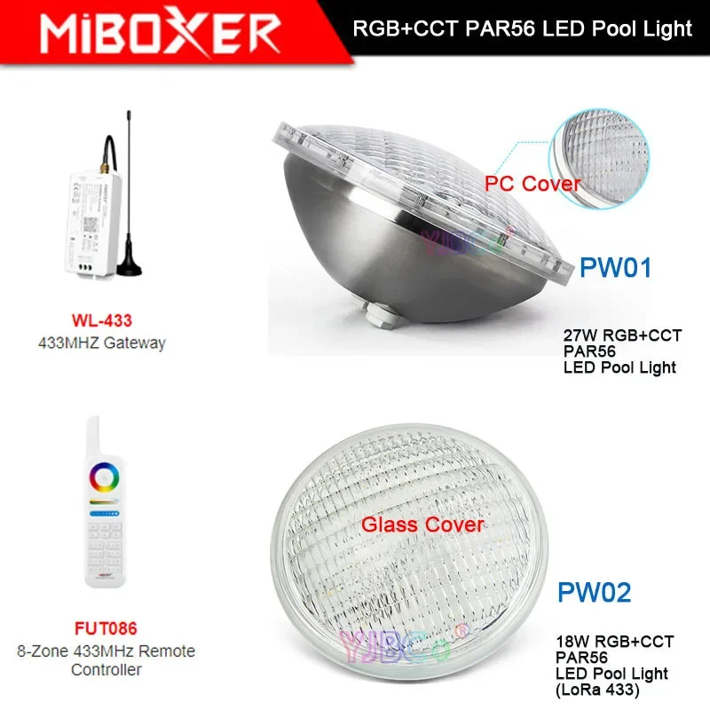 

Miboxer 18W/27W RGB+CCT Underwater led Lamp PAR56 LED Pool Light PW01 PW02 Waterproof IP68 ;433MHz Gateway,8-Zone Remote