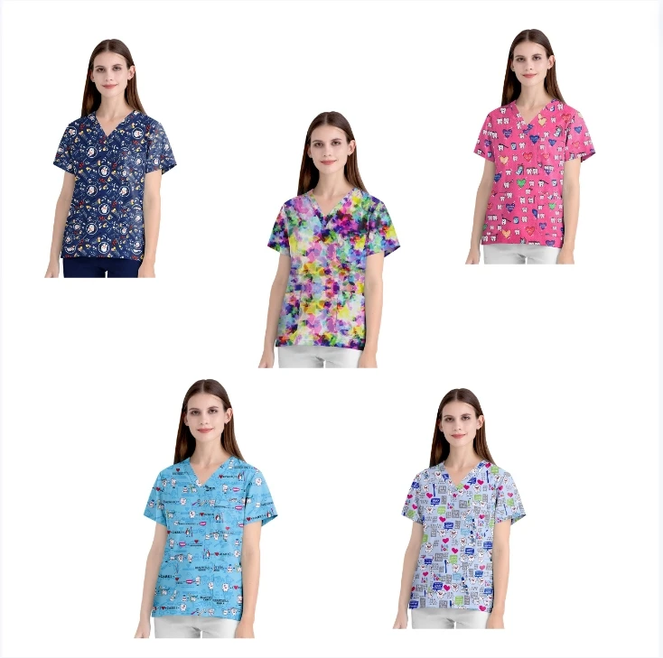 

Unisex Scrubs Tops Print Lab Workwear Spa Uniforms Pet Grooming surgical Tops Women dental Beauty Salon Doctor Overalls T-shirt