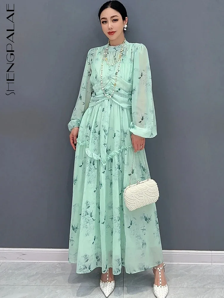 

SHENGPALAE Chiffon Printed Long Dress For Women Spliced Large Swing Skirt Gentle Ladies Elegant Dresses 2024 Spring New 5R9628