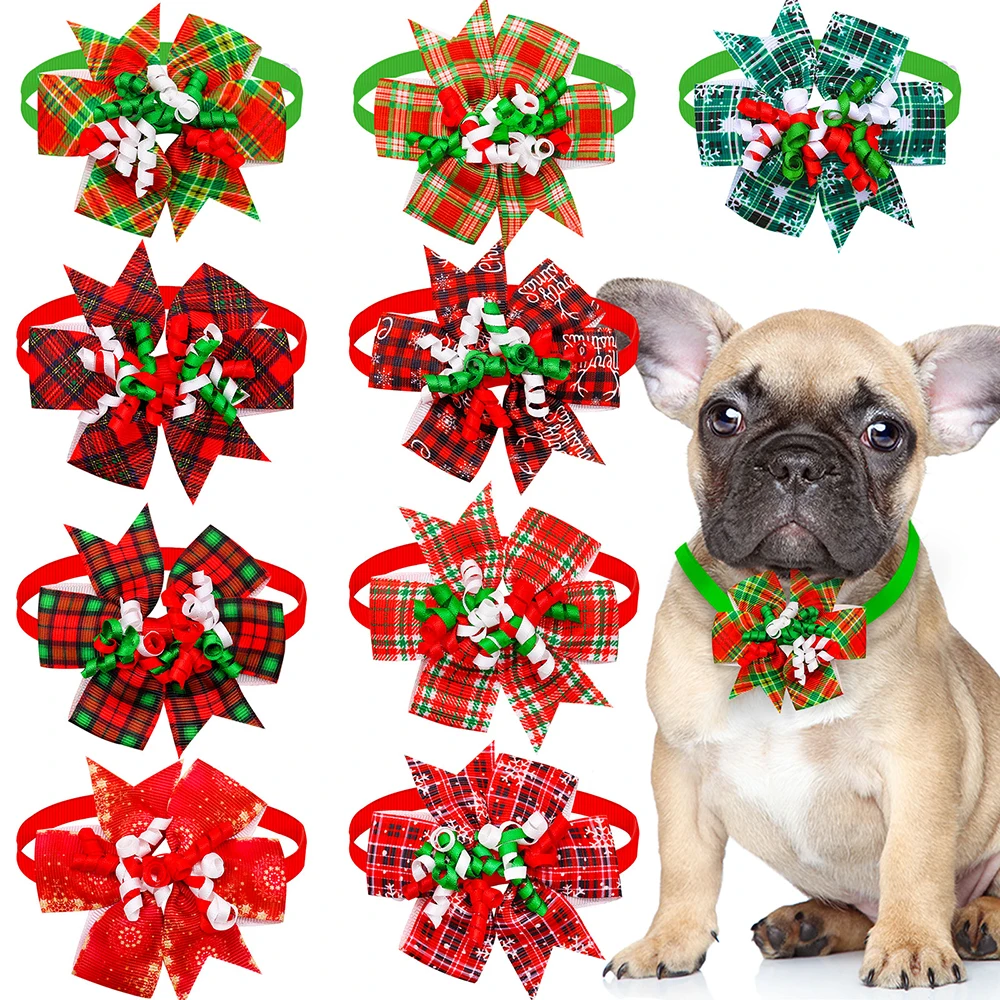 50PCSWholesaleWinterDogBowTiesDogCollarWithRibbonPlaid