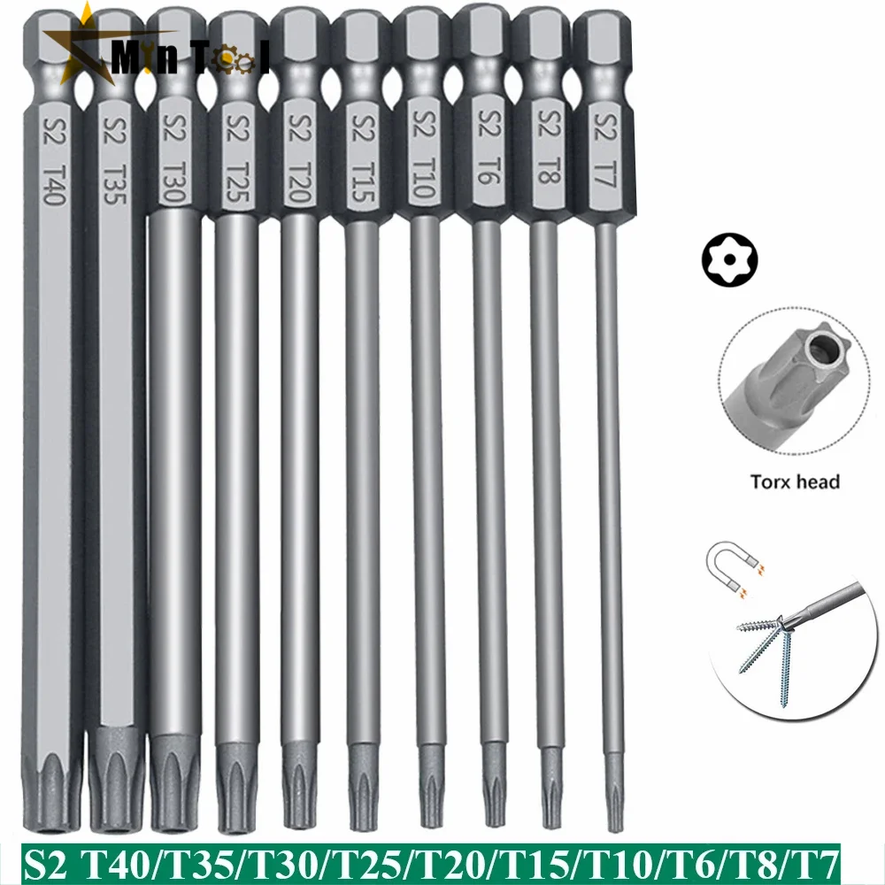 

50/100mm Torx Head Screwdriver Bit Set Magnetic 1/4" Hex Shank S2 Steel 3 Inch Long Drill Bits Torx Bits T6-T40 Hand Tool