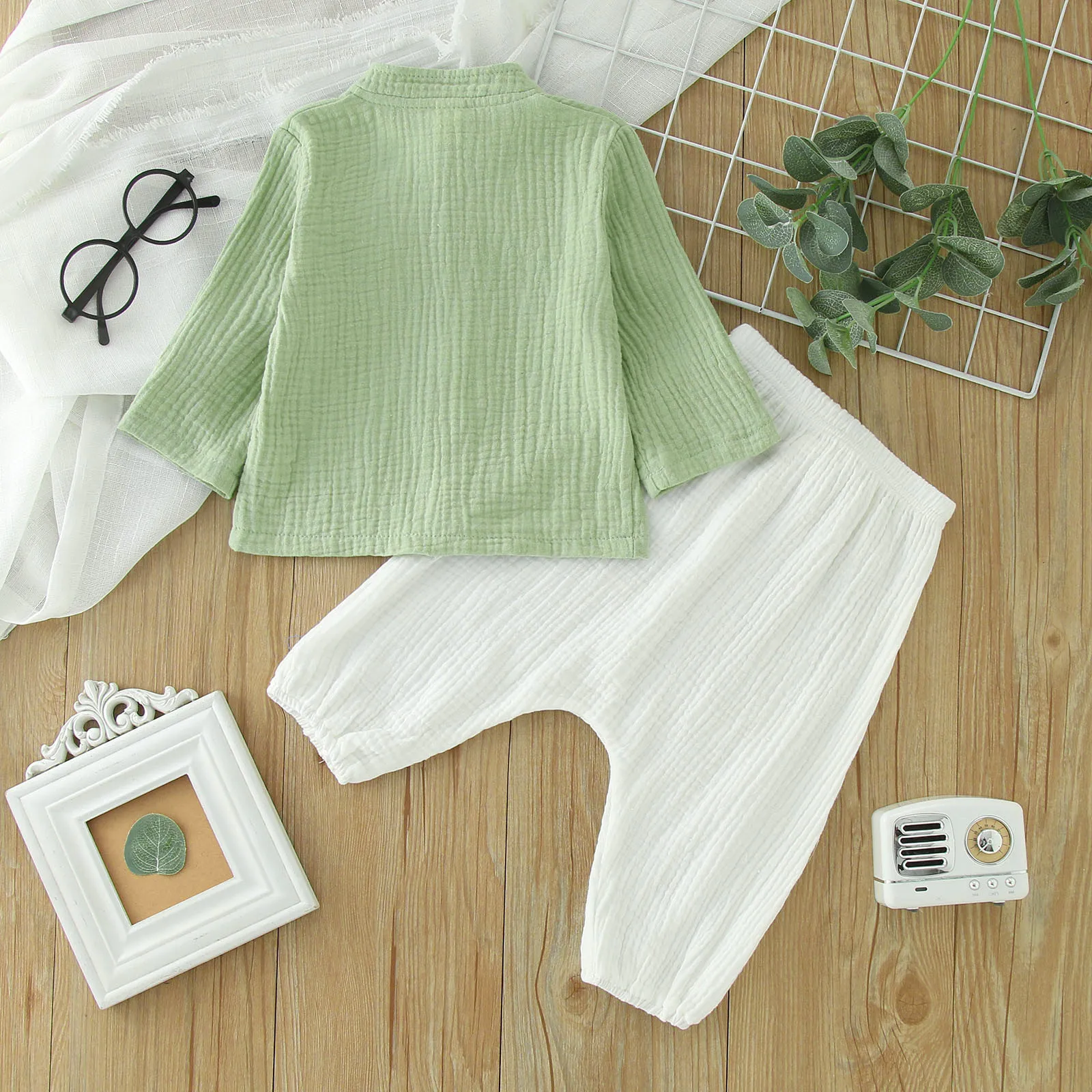 0-4Y Kids Boys Spring Fall Outfits Baby Solid Color Buttons Long Sleeve Shirts Tops + Elastic Waist Long Pants Boys Clothes Sets 4