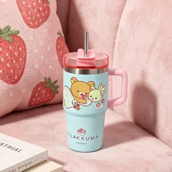 Rilakkuma Large Capacity Insulated Tumbler with Straw - Stainless Steel 680ml (Blue 680ml)