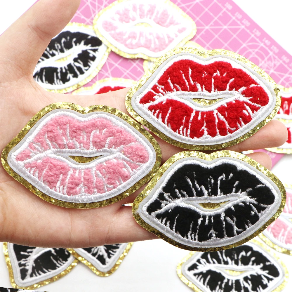 Sequin Edge Lips Chenille Embroidery Patches on Clothes, Iron On Patches for Clothing, DIY Thermoadhesive Patches, 1PC