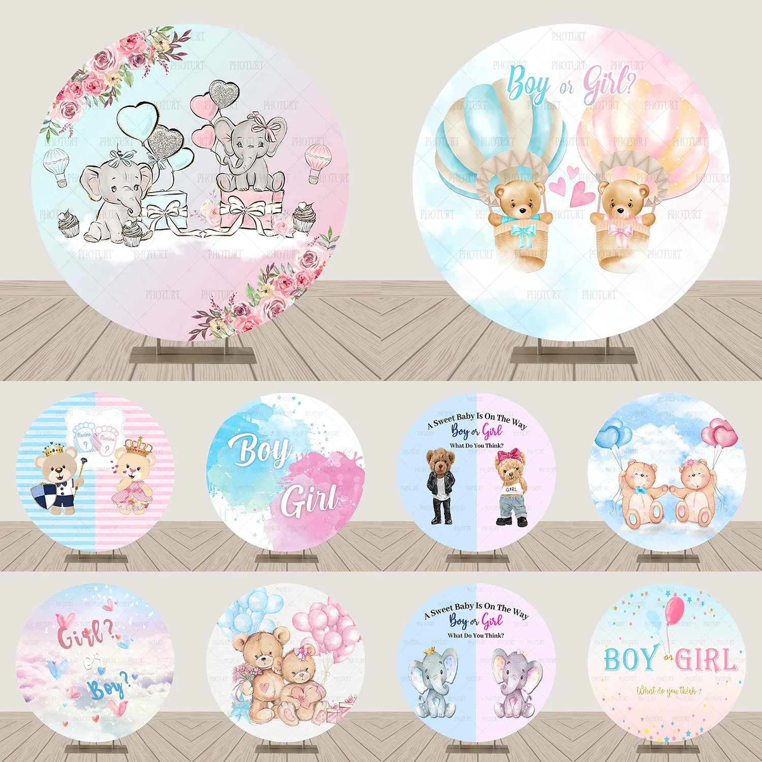 Rotondo Gender Reveal Boy O Girl Background Baby Shower Sfondo Blue Pink Bear Circle Banner Photography Decoration Puntelli
