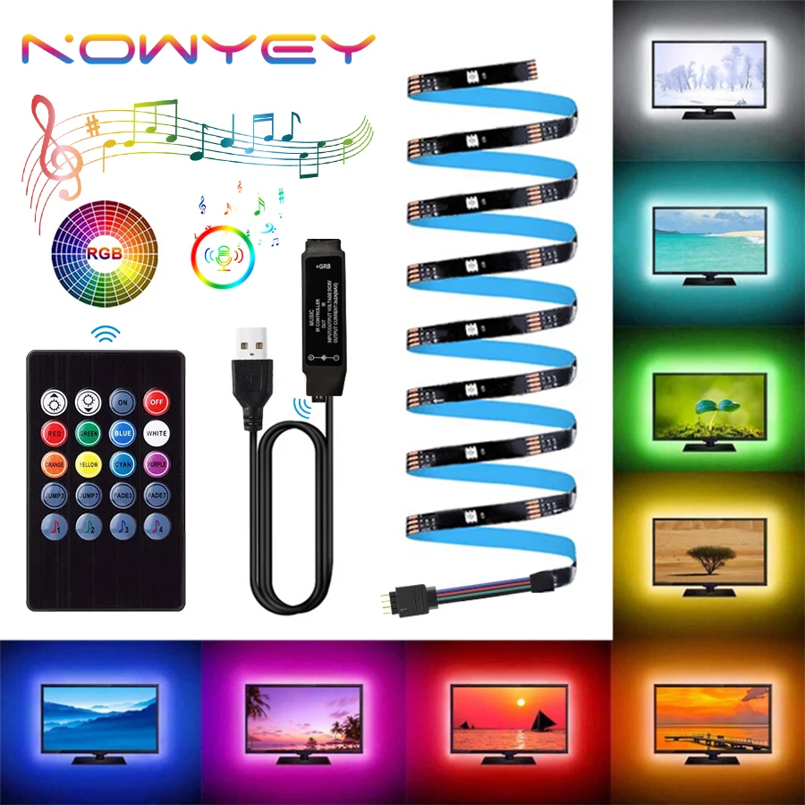 

NOWYEY LED Strip 5V 5050 RGB USB Flexible Ribbon With Sound Sensor With 24 Keys Remote Control For TV Background Lighting