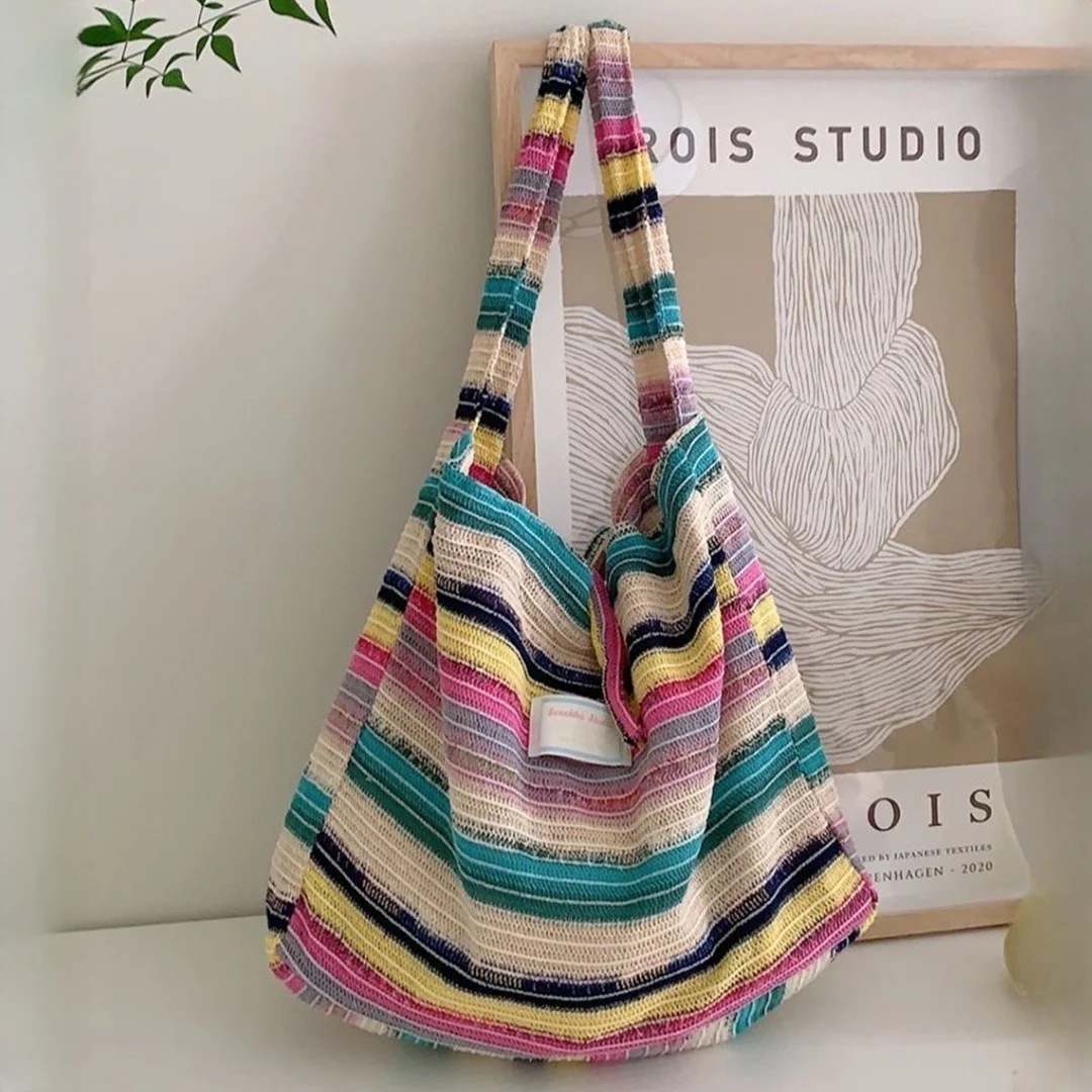 

Rainbow Stripe Women's Shoulder Bag Female Casual Colorful Tote Bags Large Capacity Underarm Handbags Eco-Friendly Shopping Bag