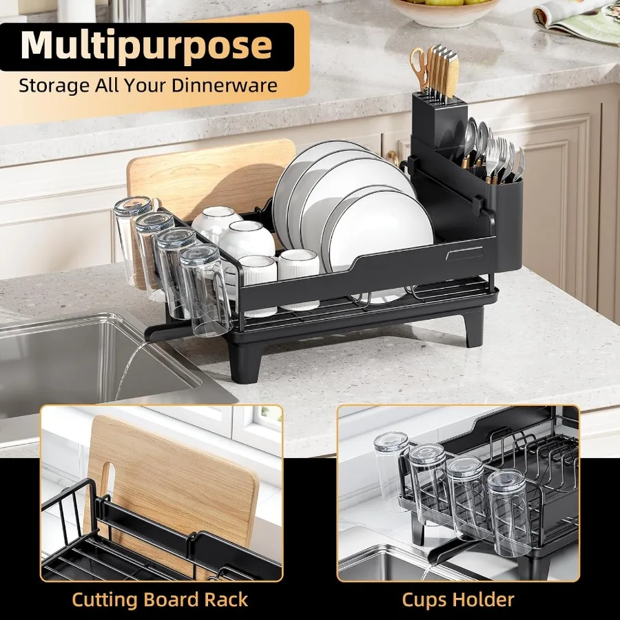 Dish Drying Rack for Kitchen Counter Countertop Dish Rack with Drainboard Multifunctional Dish Drainer with Cups Holder Cutting