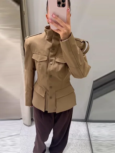 Women's Khaki Stand Collar Jacket Fashion Long Sleeve Single Breasted Pockets Waist Fit Coat Lady 2026 Spring Chic Streetwear 2