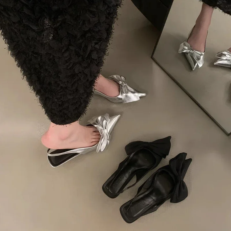 Women's Pumps Slip on Women Sandals Summer 2025 Pointed Toe Silver Party Shoes Fashion Womens High Heels Bowknot Zapatos Mujer 5