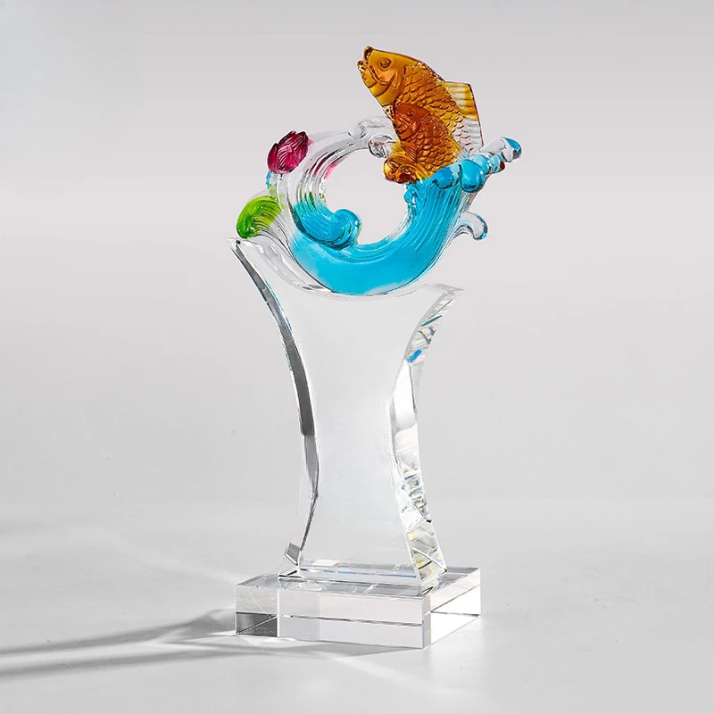 Customized High-end Fish Shape Coloured Glaze Crystal Trophy, Excellent Staff Company Annual Meeting Award, Home Decoration, 1Pc
