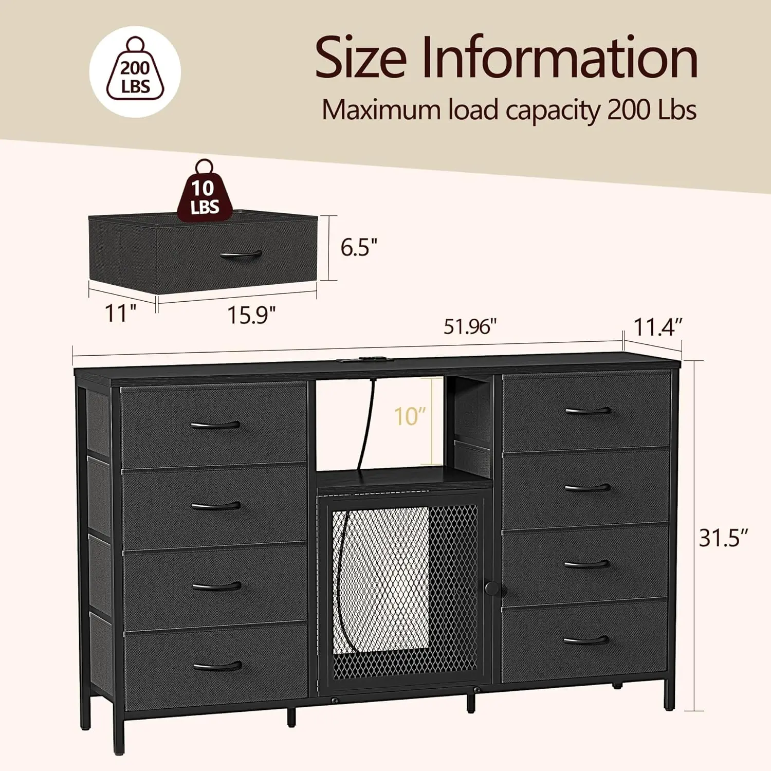 TV Stand for 65" TVs with LED Lights & Charging Station, 8 Fabric Drawers, Wood Top, Bedroom/Living Room Closet – Black