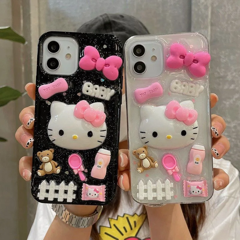 Sanrio Hello Kitty Ins 3D Bow Baby Phone Case For iPhone 15 14 13 Pro Max 11 12 Pro 7 8 Plus XR XS Max Cute Cover Y2K Anti Fall