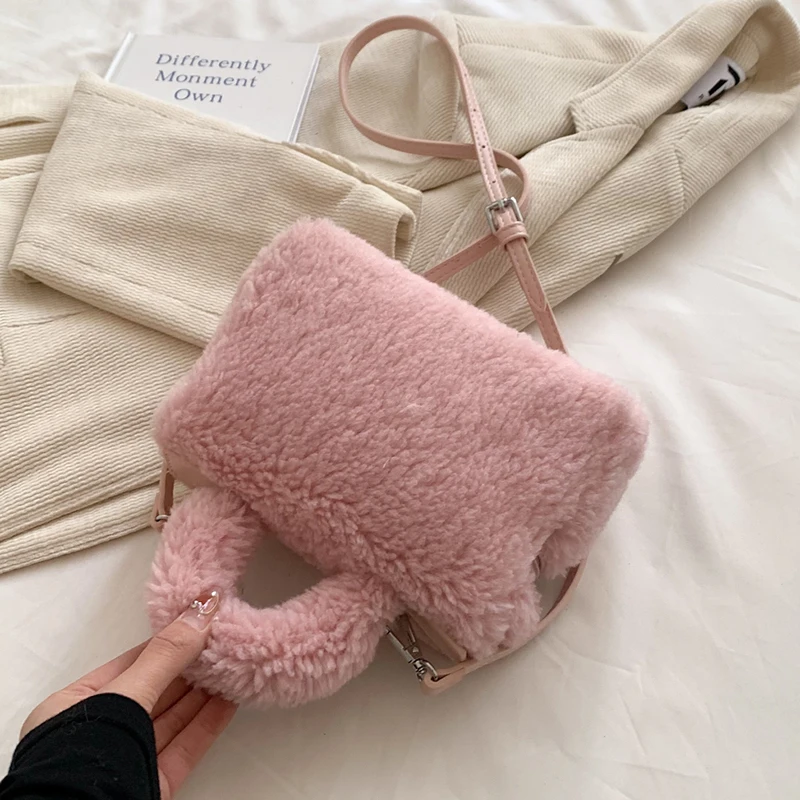 Lammwolle-Handtasche für Damen, 2022, Winter, weiche, flauschige Handtasche, kleine Plüsch-Umhängetasche, Reißverschluss-Geldbörse, luxuriöse Clutch-Tasche aus Kunstfell – Detail 8