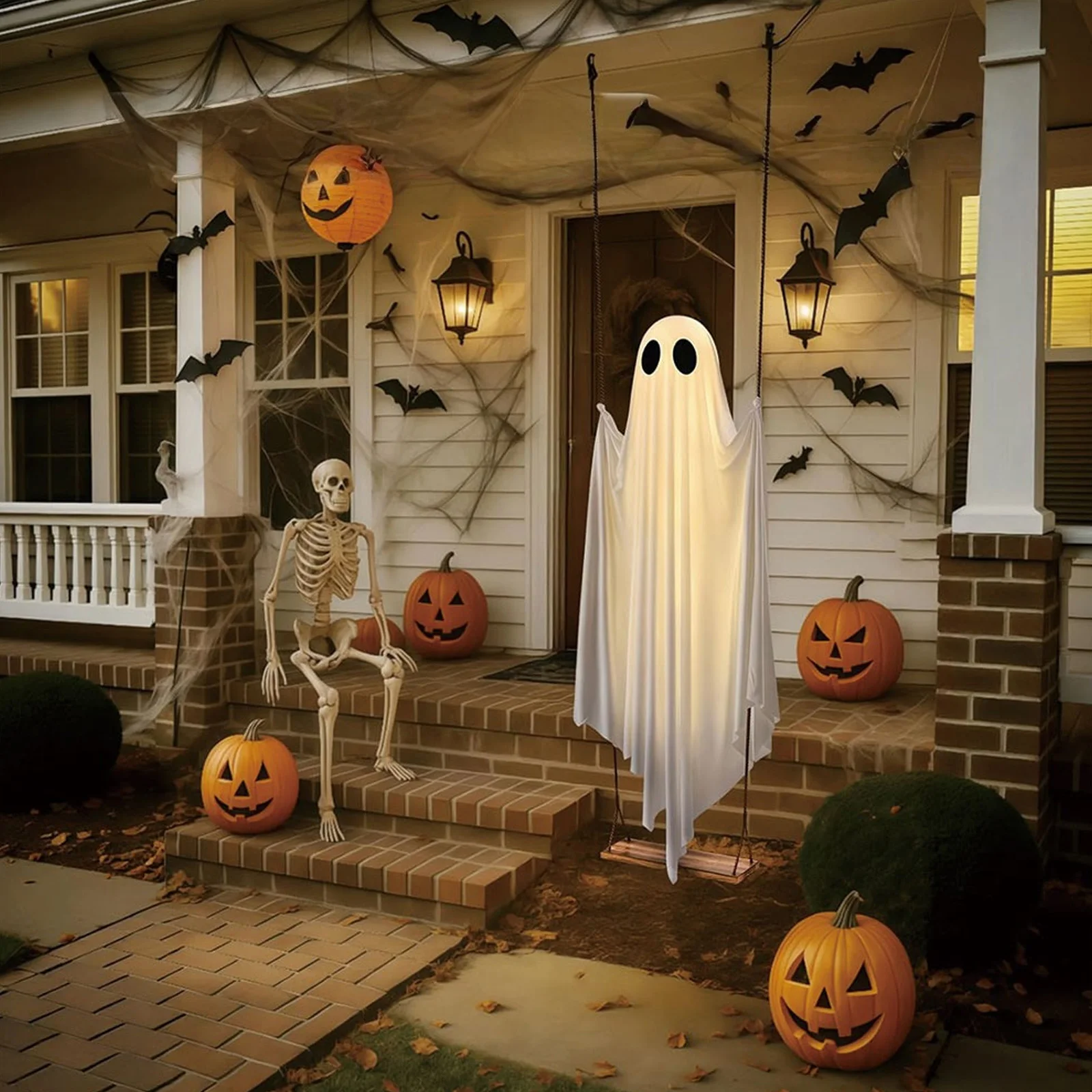 Halloween Hanging Swing Ghost Decor LED Adjustable Ghost Decorations Battery Powered Spooky Ghost Ornament for Porch Yard Trees