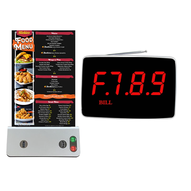 

Artom restaurant paging system wireless with 10 waiter call pagers and menu holder power bank