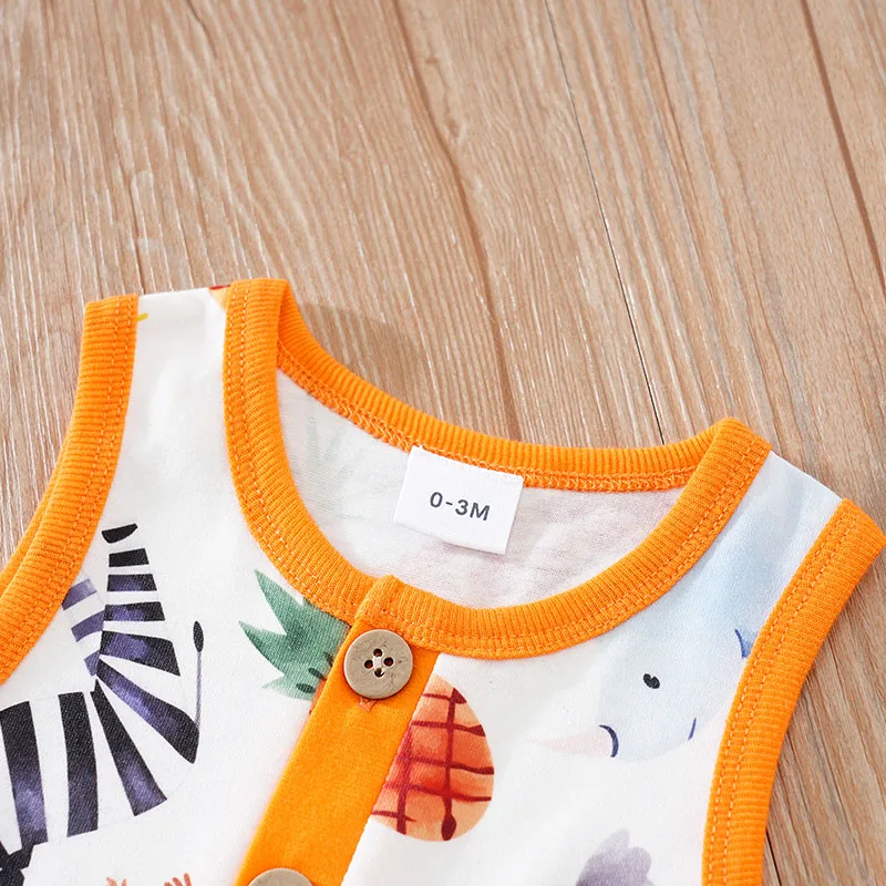 Summer Newborn Boys And Girls Cute Cartoon Animal Print Comfortable Casual Sleeveless Baby Bodysuit 3