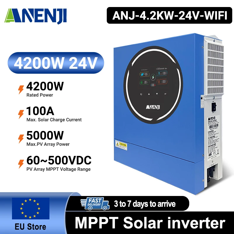 อินเวอร์เตอร์พลังงานแสงอาทิตย์ไฮบริด ANENJI 4.2KW 220V 24V แบบ On/Off Grid พร้อมระบบ MPPT 100A ในตัว รองรับ WiFi คลื่นไซน์บริสุทธิ์  แบบ Dual Output สำหรับแผงโซลาร์เซลล์ 1