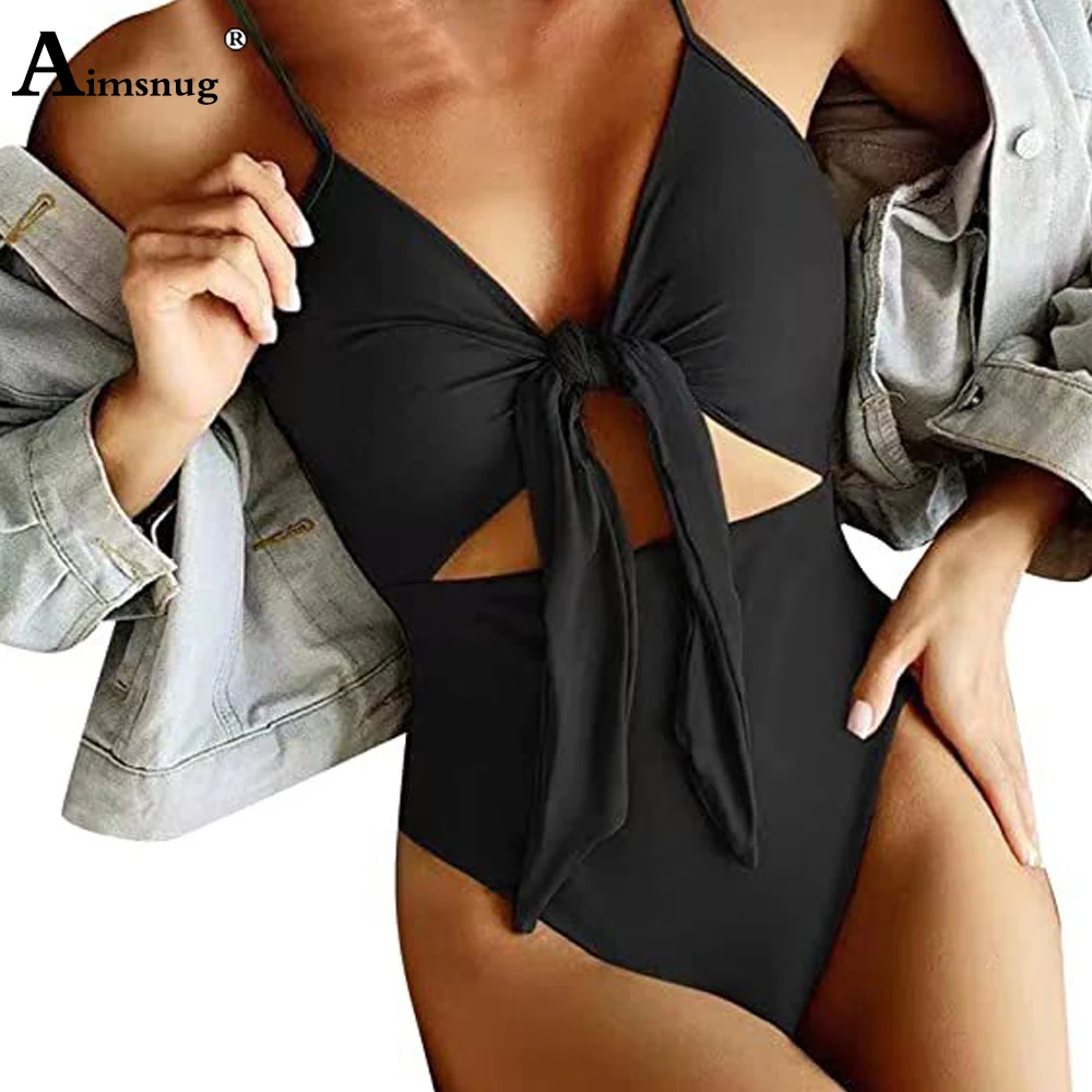 Women One Piece Swimwear Sexy Fashion Bow Tie Swimsuits High Cut