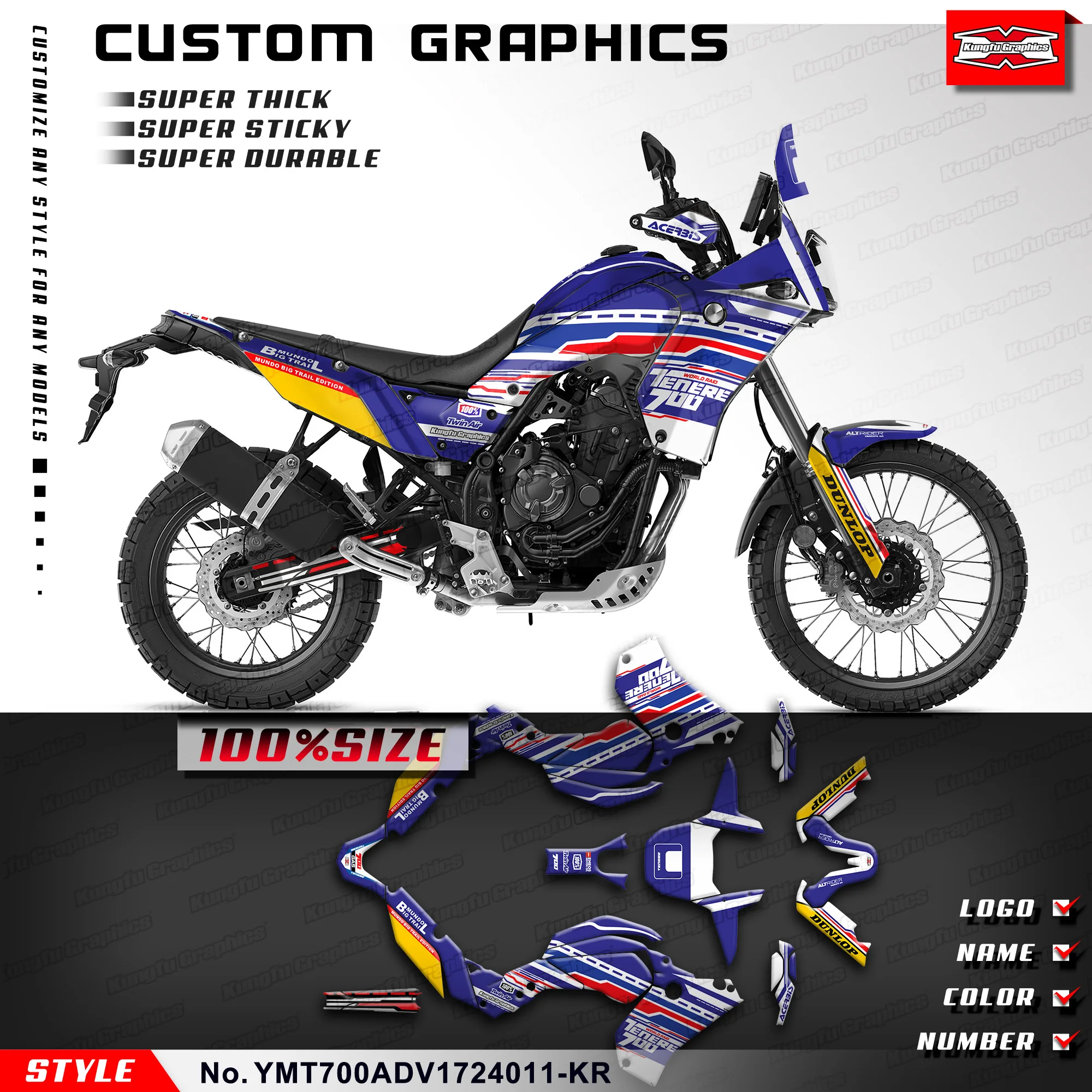 

KUNGFU графические мотоциклетные наклейки, наклейки для Yamaha Tenere 700 T700 2018 2019 2020 2021 2022 2023, YMT700ADV1724011-KR