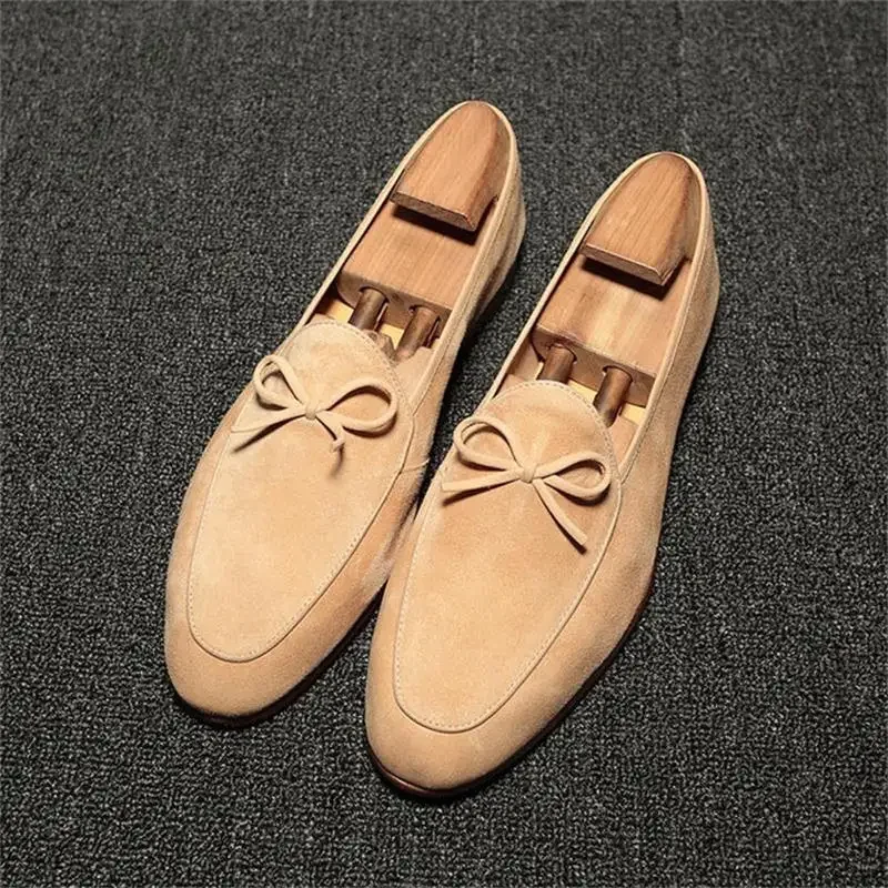 Loafers Faux Suede Green Brown Business Breathable Slip-On Butterfly-knot Flock Shoes For Men_vogvips.com