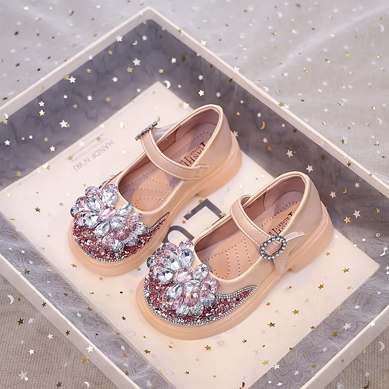 Leather Kids Party Shoes with Rhinestones for Girls