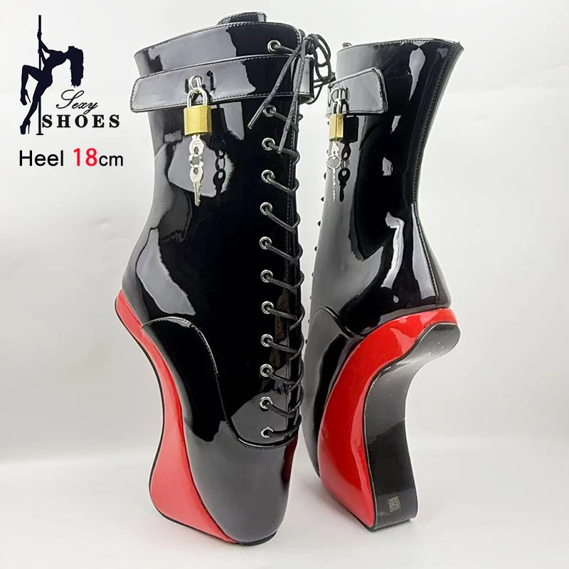 Designer New Heelless Style Heel 18CM/7Inch Black Ballet Ankle Boots With Locks Keys Ankle Wrap Strap Women Sexy Fetish Shoes
