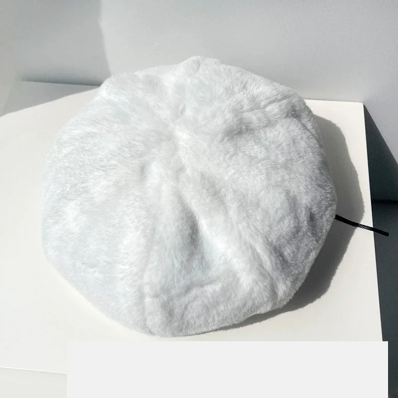 Hot Sale Y2K Rabbit Fur Beret Hat Female Autumn Winter Warm Candy Color All-match Sweet Cute Plush Painter Hats Brim Cap Gorras_autovado.com