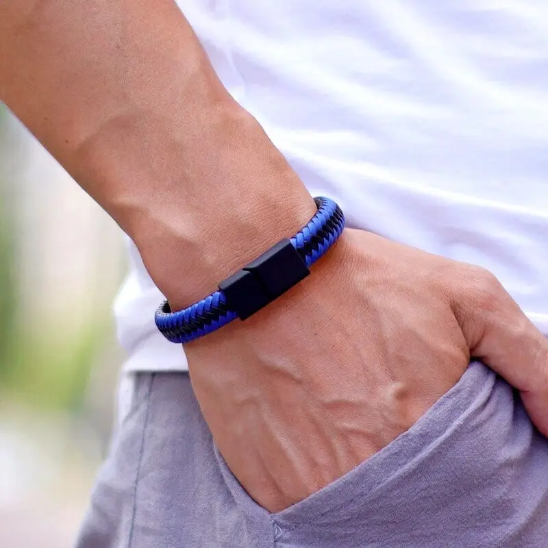 Men Leather Bangle Black Braided Magnetic Clasp Punk Bracelet