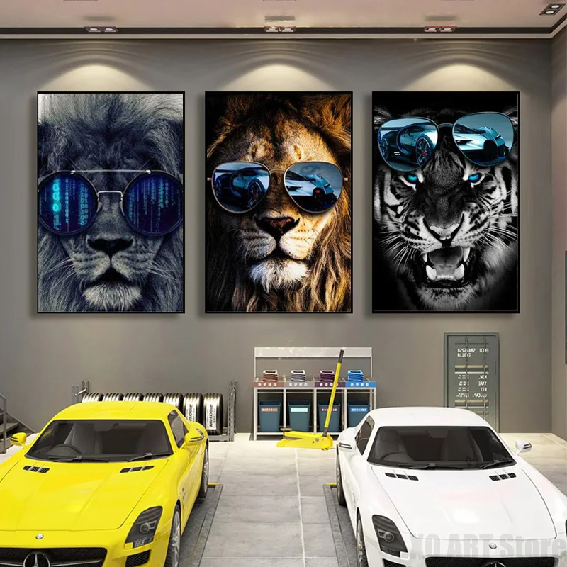 

Lion Sunset Movie Posters Print Animal Wearing Sunglasses Canvas Paintings Tiger Graffiti Wall Art Sports Car Picture Room Decor