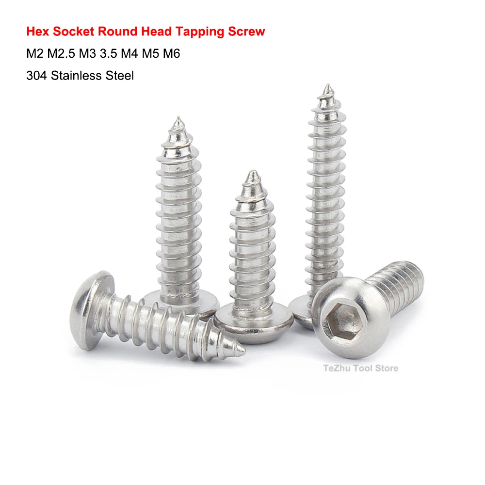 

M2 M2.5 M3 3.5 M4 M5 M6 304 Stainless Steel Allen Hexagon Hex Socket Button Round Head Self Tapping Wood Screw Length 6mm-60mm