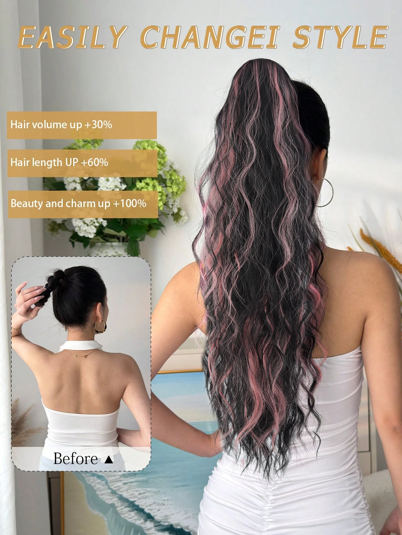 Synthetic Curly Ponytail Extension Black Blonde Pink for Women