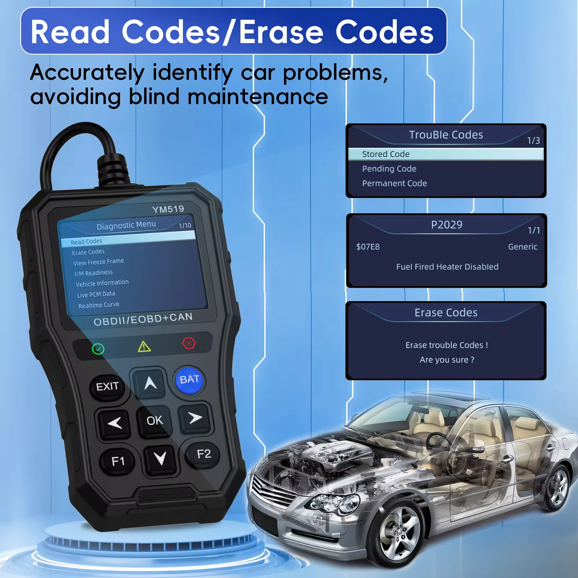 Multi-Language Car Diagnostic Tool Code Reader YM519 Check Engine System Fault Code Scanner  Battery Tester OBD2 Diagnostic Tool 5