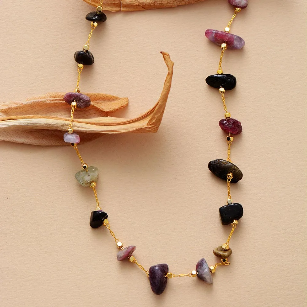 Women Necklace Luxe Simple Women Tourmaline Gold Plated Chain Lariat Chokers Necklace Designer Healing Crystal Beads Jewelry Femme Bijoux