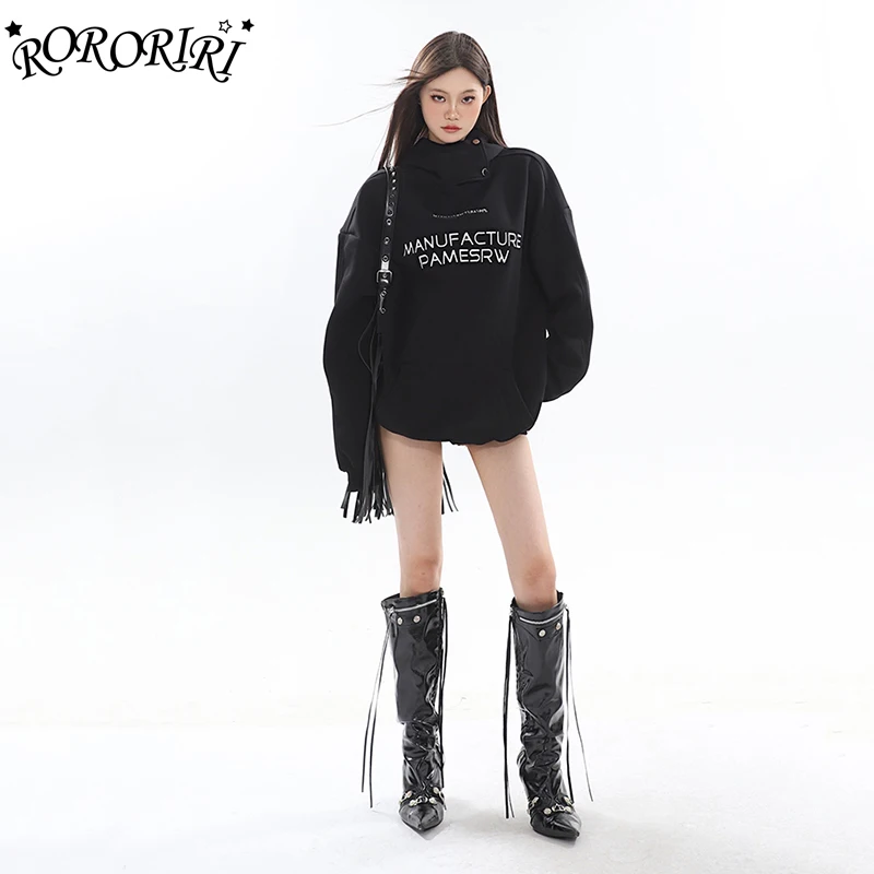 

RORORIRI Black Deconstructed Turtleneck Hooded Sweatshirt Women Embroideried Graphic Hoodies Casual Long Sleeves Pullover Top