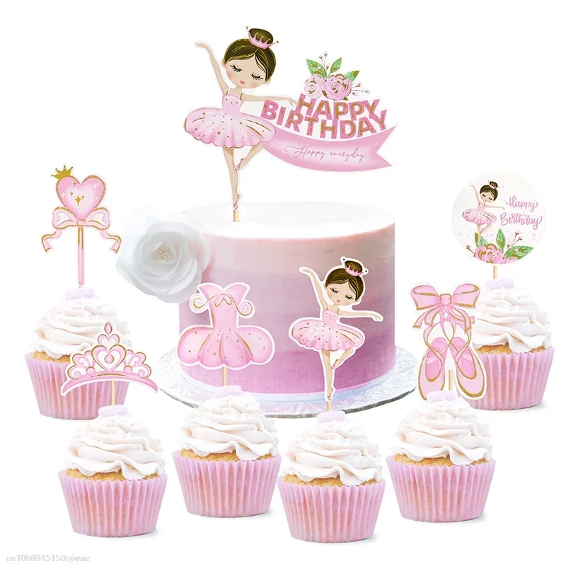 Pink Ballerina Girl Cake Topper Toppers Crown Dress Kids Happy Birthday Wedding Party Baby Shower Baking Cake Dessert Decorazioni Fai Da Te