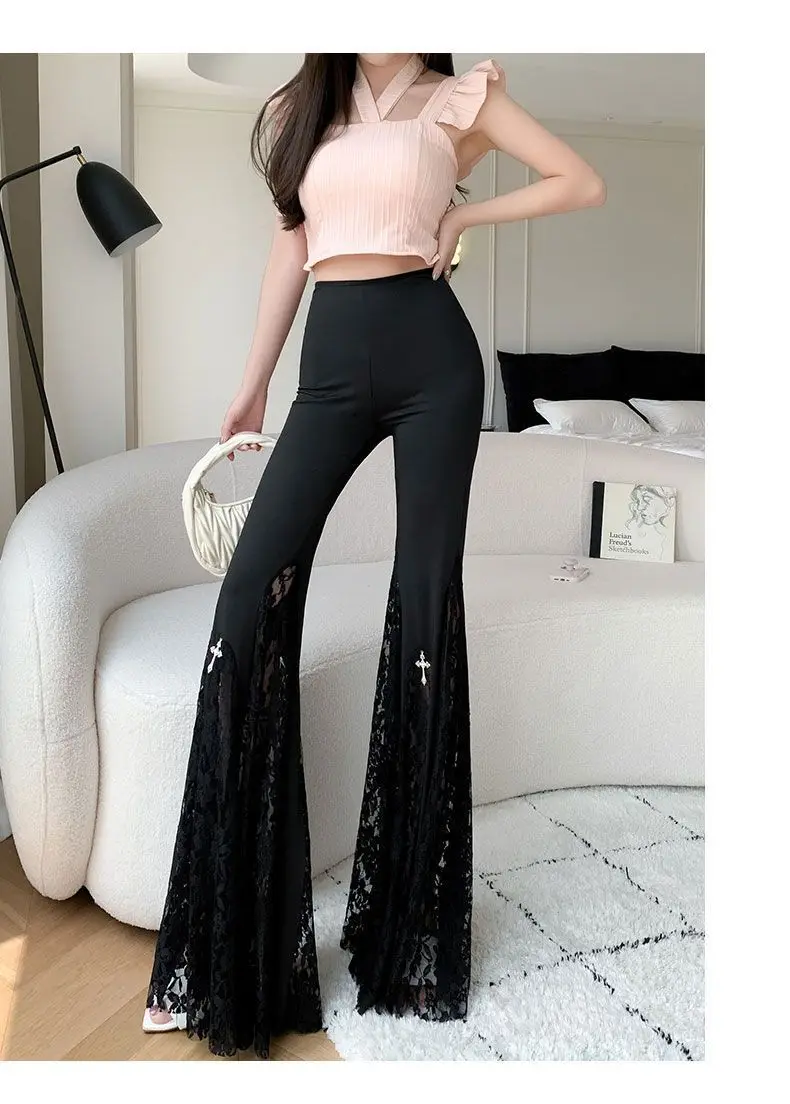 Y2K Gothic Black Lace Mesh Flared Pants Sexy Harajuku Aesthetic See Through Long Trousers Vintage Women Summer Pants Streetwear