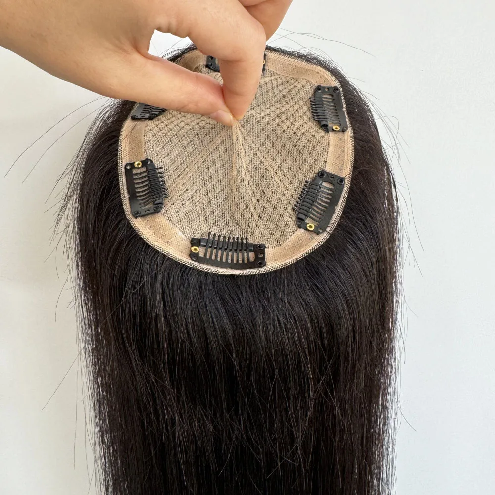 여성용 실크 탑 인모 토퍼, 핸드 타이 실크 베이스, 버진 브라질 헤어 오버레이, 클립 인 헤어피스 포함, 12x14cm, 22 인치