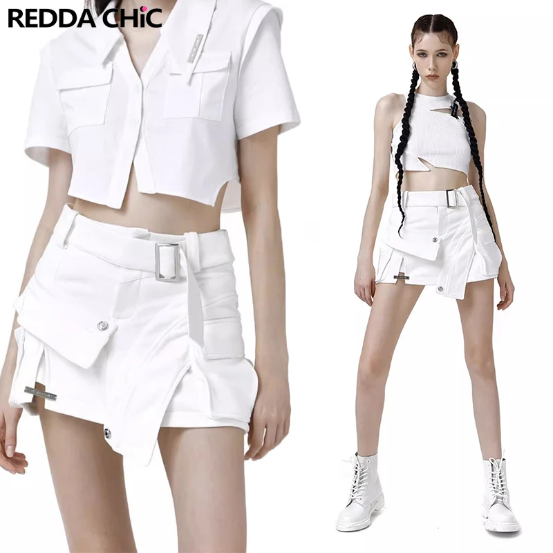 

ReddaChic Asymmetric Low Rise Women Denim Cargo Skirt Belted Big Pocket Basic Plain White A-line Jean Skirt Korean Streetwear