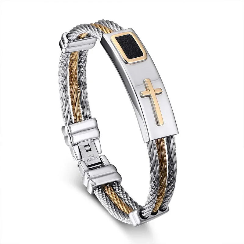 

Fashion Male Cross Cable Bangles Twisted Color Gold Stainless Steel Jesus Cross Charm Cuff Wire Bracelets Jewelry For Men