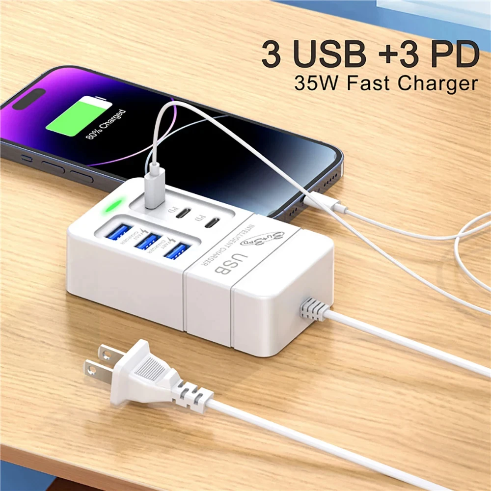 6Ports Multiport USB Charger 35W PD Type-C Mobile Phone Fast Charge Quick Type C Wall Plug Adapter EU US Plug