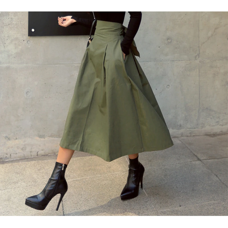 Skirts Womens Korean Fashion Solid Color Big Swing Ladies Skirt Long Skirt 2021 Autumn Wild High Waist Bow Slim Skirts black pleated skirt