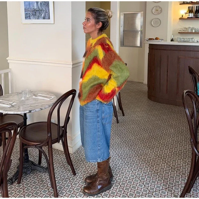 Casual Mohair Knit Women Pullover Colorful O-neck Long Sleeve Loose Sweater New Autumn Fashion Lady All-matching Knitwear