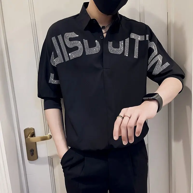 2023 Summer New Solid Color Fashion Letter Rhinestone Printing Shirt Man Turn-down Collar Button Three Quarter Loose Pullovers