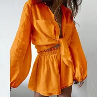 Cakulo 2025 Women's Summer 2-Piece Outfit Long Sleeve Button-Down Loose Blouse And Shorts Sweatsuit Set Casual Comfortable Style - Image 3